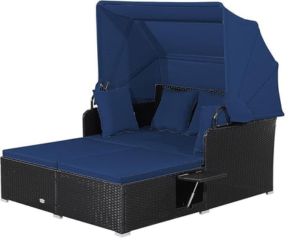 LDAILY Moccha Outdoor Daybed with Retractable Canopy, Wicker Cabana with 2 Side Tables & Soft Cushions,Hand-Woven PE Rattan Bed Lounger, Patio Sectional Furniture Set for Garden Backyard Porch (Navy)