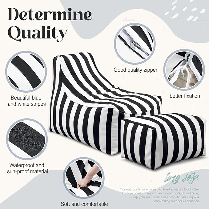 Outdoor Bean Bag Chair with Ottoman, Large Patio Lounge Chair for Adults, Thick Filled Lounger for Pool, Deck - Photo 4