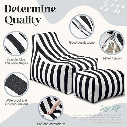 Outdoor Bean Bag Chair with Ottoman, Large Patio Lounge Chair for Adults, Thick Filled Lounger for Pool, Deck, Backyard Relaxation Seating(Black,White Stripes)