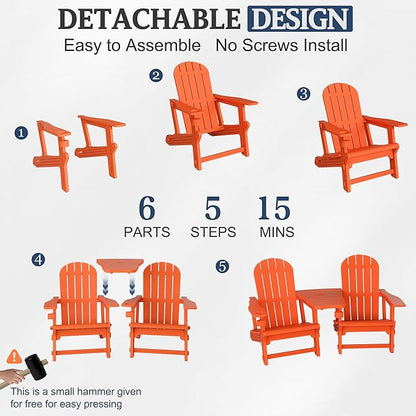 Vongrasig Adirondack Chairs Set of 2 with Removable Tabletop, All-Weather HDPE Outdoor Chair Set with Wooden Textured, Cup Holder for Patio, Poolside, Deck, Garden, Orange