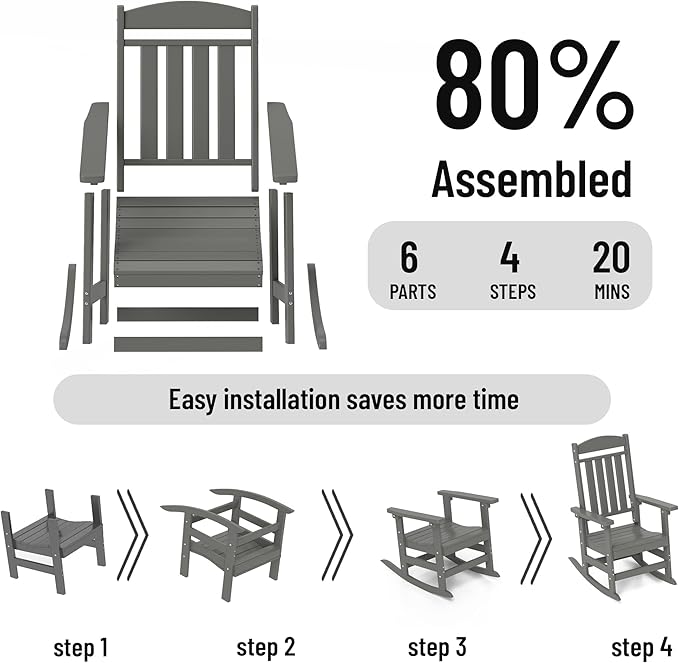 Outdoor Rocking Chairs Set of 8, Oversized High Back Patio Rocking Chairs, All Weather Porch Rocking Chairs for Outside. Dark Grey