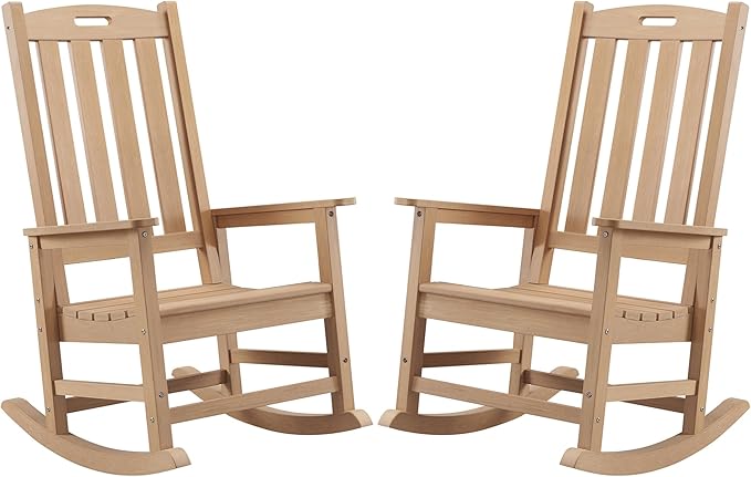 Psilvam Oversized Outdoor Rocking Chair Set of 2, Porch Rocker with 21" Wide Seat and 32" Tall Backrest, Pre-Assembled with Most Components for Effortless Installation (Teak Color)