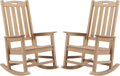 Psilvam Oversized Outdoor Rocking Chair Set of 2, Porch Rocker with 21" Wide Seat and 32" Tall Backrest, Pre-Assembled with Most Components for Effortless Installation (Teak Color)