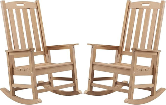 Psilvam Oversized Outdoor Rocking Chair Set of 2, Porch Rocker with 21" Wide Seat and 32" Tall Backrest, Pre-Assembled with Most Components for Effortless Installation (Teak Color)