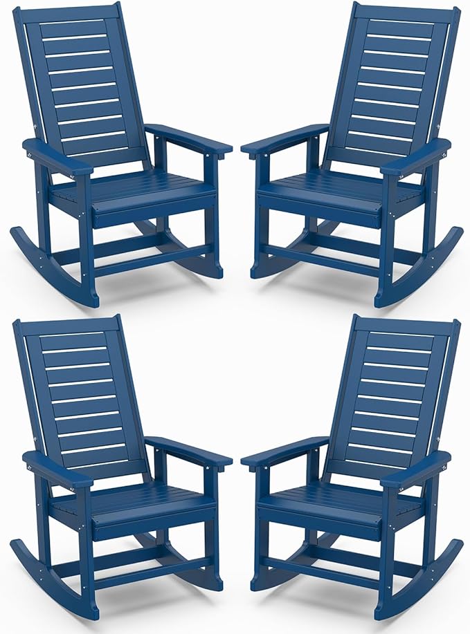 IVY&LANE Outdoor Rocking Chairs Set of 4 | Porch-Rockers | Blue | HDPE Plastic | All-Weather | High Back | Wide Seat | Oversized Patio Rocker for Adult | for Outside Deck Balcony Garden