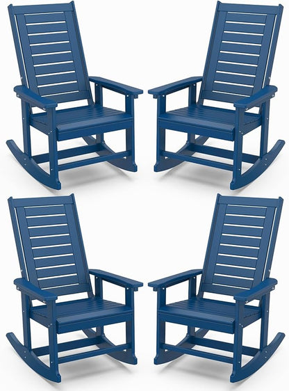 IVY&LANE Outdoor Rocking Chairs Set of 4 | Porch-Rockers | Blue | HDPE Plastic | All-Weather | High Back | Wide Seat | Oversized Patio Rocker for Adult | for Outside Deck Balcony Garden