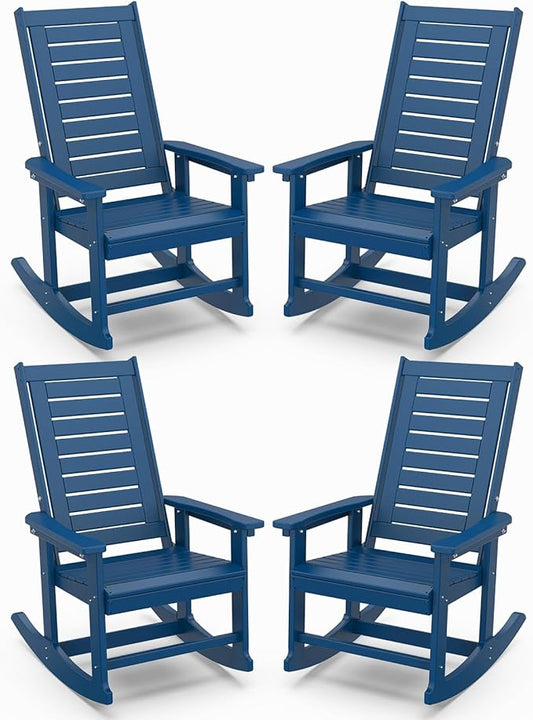 IVY&LANE Outdoor Rocking Chairs Set of 4 | Porch-Rockers | Blue | HDPE Plastic | All-Weather | High Back | Wide Seat | Oversized Patio Rocker for Adult | for Outside Deck Balcony Garden
