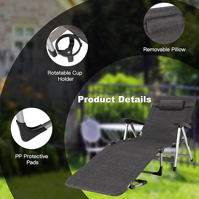 GYMAX Lounge Chair Outdoor, Chaise Lounger w/Adjustable Backrest, Cup Holder & Carry Handle, Folding Portable Tanning Layout Chair, Beach Sunbath Chair for Patio, Poolside, Lawn (1, Grey)