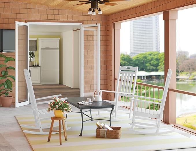 Outdoor Rocking Chair, High Back HDPE Patio Chair, All Weather Rocker Porch Chair, Lawn Chair for Deck, Porch, Backyard, Garden and Indoor, White