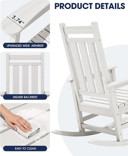 KINGYES Oversized Outdoor Rocking Chair Set of 2, All-Weather Patio Rocking Chairs for Porch, HDPE Outdoor Patio Rockers with High Back & Wide Seat for Garden, Lawn, White