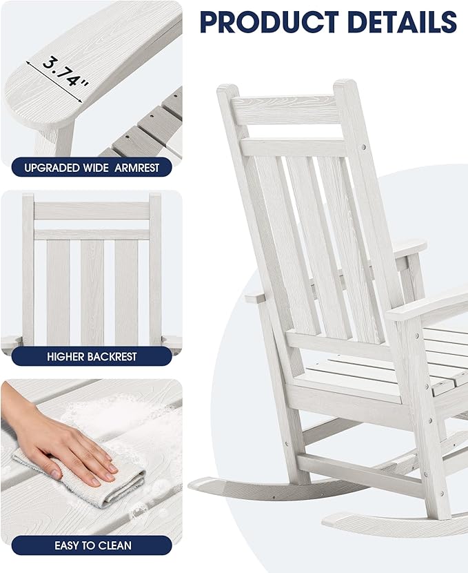 KINGYES Oversized Outdoor Rocking Chair Set of 4, All-Weather Patio Rocking Chairs for Porch, HDPE Outdoor Patio Rockers with High Back & Wide Seat for Garden, Lawn, White