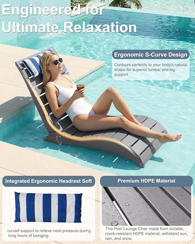 Pool Lounge Chairs Set of 2, HDPE Adjustable Chaise Chairs with Headrest, Weighted Fade-Resistant Pool Chairs and Lounger for Baja Ledge，Poolside and Deck, Grey