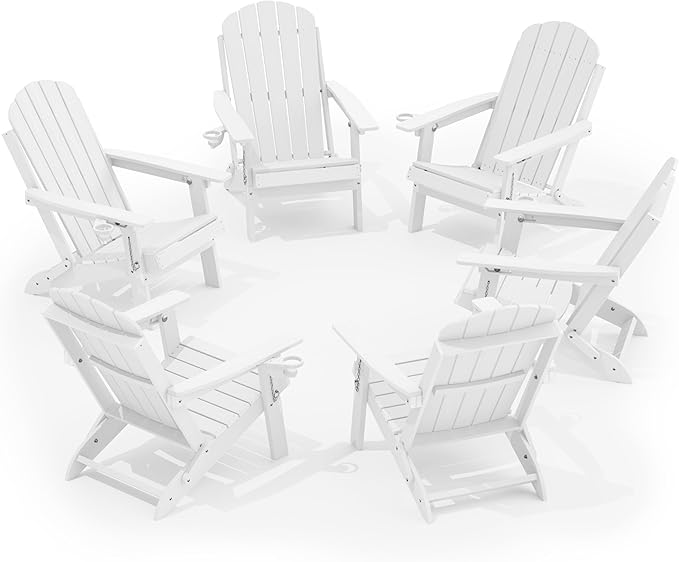 YEFU Adirondack Chairs Set of 6 for Outdoor: Folding Plastic Fire Pit Chair with Cup Holder & Adjustable Backrest - Sturdy All Weather HDPE for Patio Pool Lawn