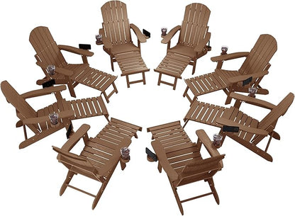 YEFU Adjustable Adirondack Chair with Retractable Ottoman Set of 8,Folding Adirondack Chair with 2 Cup-Holders, Outdoor Chairs with Footrest,Weather Resistant Fire Pit Chairs,for Patio Lawn(Teak)