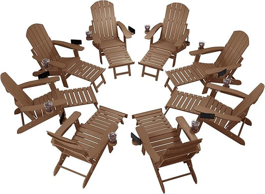 YEFU Adjustable Adirondack Chair with Retractable Ottoman Set of 8,Folding Adirondack Chair with 2 Cup-Holders, Outdoor Chairs with Footrest,Weather Resistant Fire Pit Chairs,for Patio Lawn(Teak)