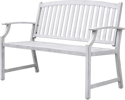 Grand patio 52" Farmhouse Outdoor Bench, Garden Benches with Rust Free Metal Powder Coated Frame and Aluminum Backrest, Faux Wood Grain Finish Frame Patio Bench for Front Porch,Gray-White