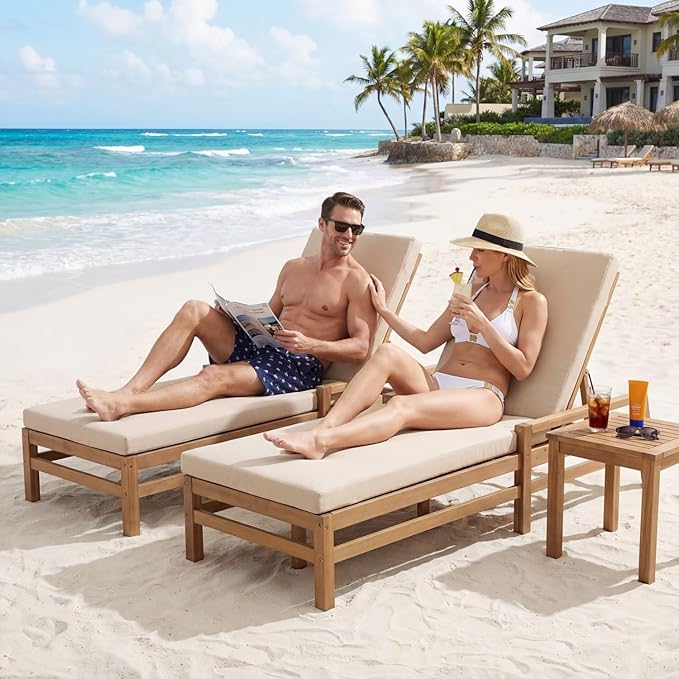 Outdoor Chaise Lounge Chair Set of 4, Patio Chaise Lounge Recliner with Adjustable Backrest, Acacia Wood Poolside Chaise Lounge with Thick All-Weather Cushions for Patio, Deck and Backyard(A)