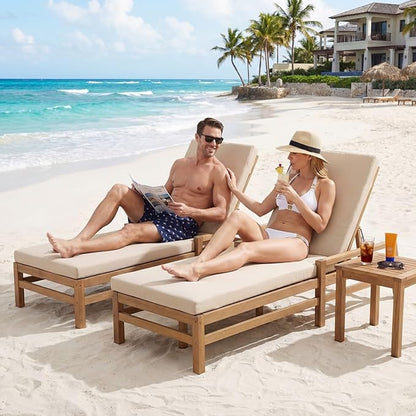 Outdoor Chaise Lounge Chair Set of 2, Patio Chaise Lounge Recliner with Adjustable Backrest, Acacia Wood Poolside Chaise Lounge with Thick All-Weather Cushions for Patio, Deck and Backyard(A)