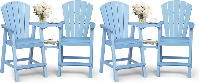 Ciokea Tall Adirondack Chairs Set of 4, HDPE Outdoor Adirondack Bar Stools with Double Connecting Tray, Weather Resistant High Back Adirondack Balcony Chairs for Deck, Lawn, Pool, Backyard, Baby Blue
