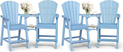 Ciokea Tall Adirondack Chairs Set of 4, HDPE Outdoor Adirondack Bar Stools with Double Connecting Tray, Weather Resistant High Back Adirondack Balcony Chairs for Deck, Lawn, Pool, Backyard, Baby Blue