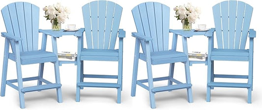Ciokea Tall Adirondack Chairs Set of 4, HDPE Outdoor Adirondack Bar Stools with Double Connecting Tray, Weather Resistant High Back Adirondack Balcony Chairs for Deck, Lawn, Pool, Backyard, Baby Blue