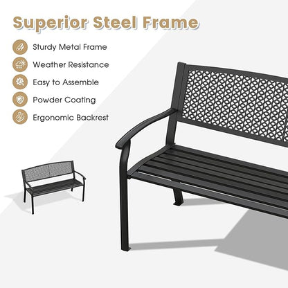 VICLLAX Outdoor Garden Bench, Metal Frame Patio Bench with Oval Design Backrest for Porch Yard Lawn Deck, Black