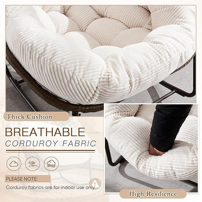 Large Indoor Rocking Chair Set of 2, Oversized Rocking Papasan Chair with Thick Cushion and Frame, Comfy Corduroy Rocker Wicker Egg Chairs Lounge Reading Chair for Living Room, Bedroom, White