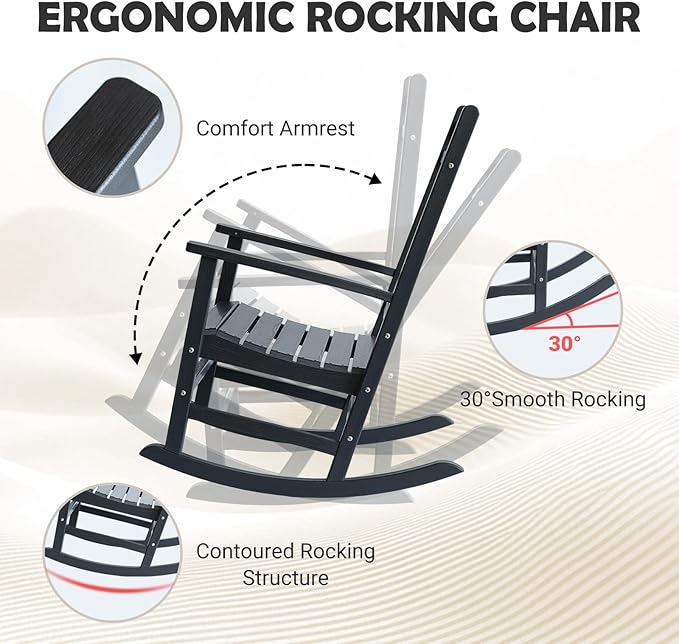 PROHIKER HDPE Rocking Chair, All Weather Plastic Rocking Chair with High Backrest, Outdoor Indoor Porch Rocker for Backyard, Balcony, Lawn, Garden, Black