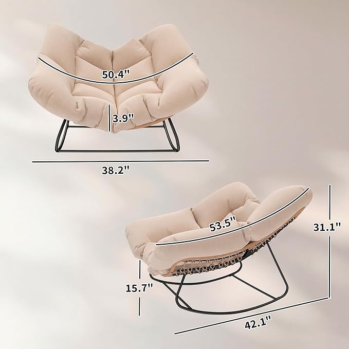 Outsunny Papasan Rocking Chair, Wicker Oversized Indoor Outdoor Rocking Chair with Cushion, PE Rattan Padded Outdoor Rocker Egg Chairs for Living Room, Garden, Patio, Balcony, Cream White