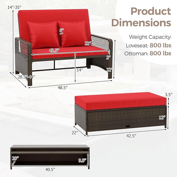 LDAILY Moccha Outdoor Daybed, PE Rattan Double Chaise Lounge w/ 4-Level Adjustable Back, Storage Ottoman, Cushions & Pillows, Separated Seating, Wicker Sunbed for Garden Patio Furniture Set (Red)