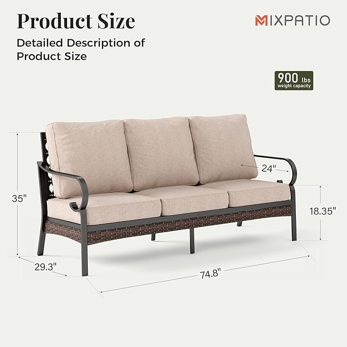 Patio Furniture Sofa, 3-Seat Patio Sofa Steel Frame Outdoor Sectional Couch with Deep Seating and 5.75” Cushions for - Photo 2
