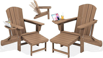 KINGYES Adjustable Folding Adirondack Chair with Footrest & 4-in-1 Multi-Functional Armrest Organizer Set of 2, HDPE Foldable Recliner Adirondack Chair with Pull-Out Ottoman, Brown