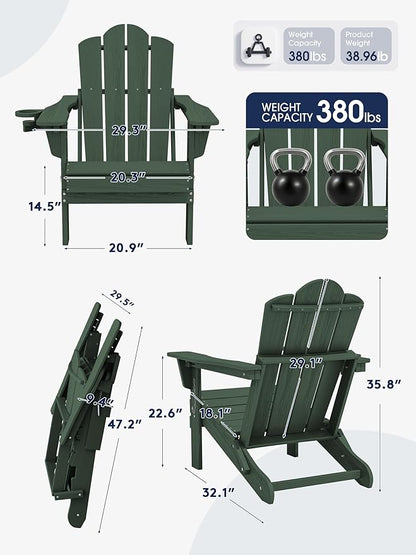 KINGYES Adjustable Folding Adirondack Chair Set of 4, 3-Position Reclining Adirondack Chairs with Cup Holder, HDPE All-Weather Oversized Adirondack for Outdoor, Patio, Backyard Deck, Fire Pit, Green