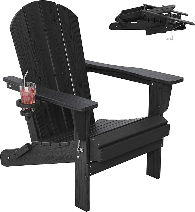 Outdoor Folding Adirondack Chair Set of 1 for Patio Fire Pit, Wooden Textured HDPE Adjustable Chairs with Cup Holder, Waterproof All Weather Resistant Plastic for Pool Lawn Garden Backyard(Black)