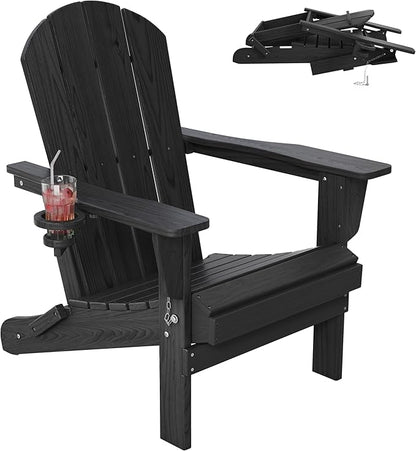 Outdoor Folding Adirondack Chair Set of 1 for Patio Fire Pit, Wooden Textured HDPE Adjustable Chairs with Cup Holder, Waterproof All Weather Resistant Plastic for Pool Lawn Garden Backyard(Black)
