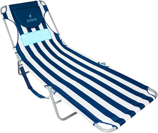 Ostrich the Ladies Comfort Lounger with Chest Support, Foldable & Portable Reclining Outdoor Patio Beach Lawn Camping Pool Tanning Chair, Blue Stripe