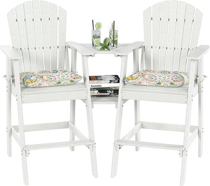 Sundale Outdoor Tall Adirondack Chairs Set of 2 with Table, Patio HDPE Bar Set, 3 PCS Counter Height Dining Bistro Set, Pub Table with Stools, 2 Umbrella Hole Caps, White