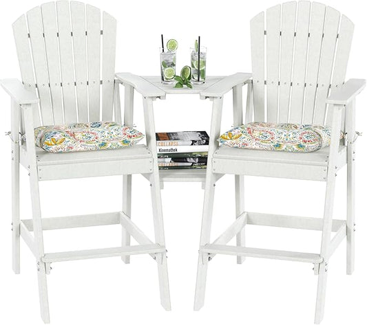 Sundale Outdoor Tall Adirondack Chairs Set of 2 with Table, Patio HDPE Bar Set, 3 PCS Counter Height Dining Bistro Set, Pub Table with Stools, 2 Umbrella Hole Caps, White