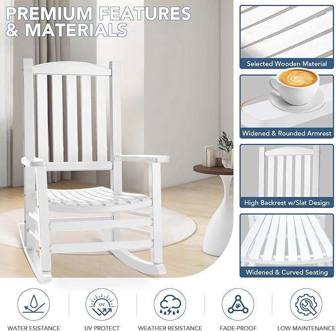 Wooden Outdoor Rocking Chair, Oversized Patio Rocking Chair w/400lbs Support & High Backrest | Porch, Lawn, Garden, Backyard，White