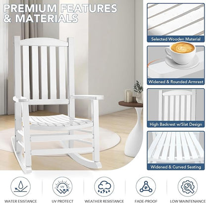 Wooden Outdoor Rocking Chair, Oversized Patio Rocking Chair w/400lbs Support & High Backrest | Porch, Lawn, Garden, Backyard，White