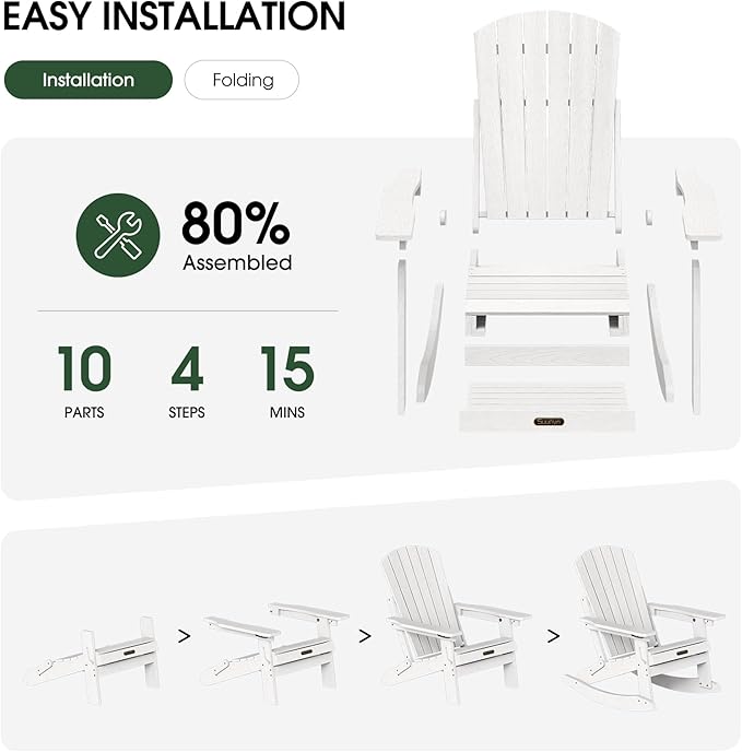 Adirondack Rocking Chair with Retractable Ottoman, 4-in-1 Foldable Reclining Patio Chair, HDPE Wood-Look Outdoor Rocker for Porch, Garden & Poolside, White