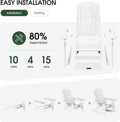 Adirondack Rocking Chair with Retractable Ottoman Set of 4, 4-in-1 Foldable Reclining Patio Chair, HDPE Wood-Look Outdoor Rocker for Porch, Garden & Poolside, White