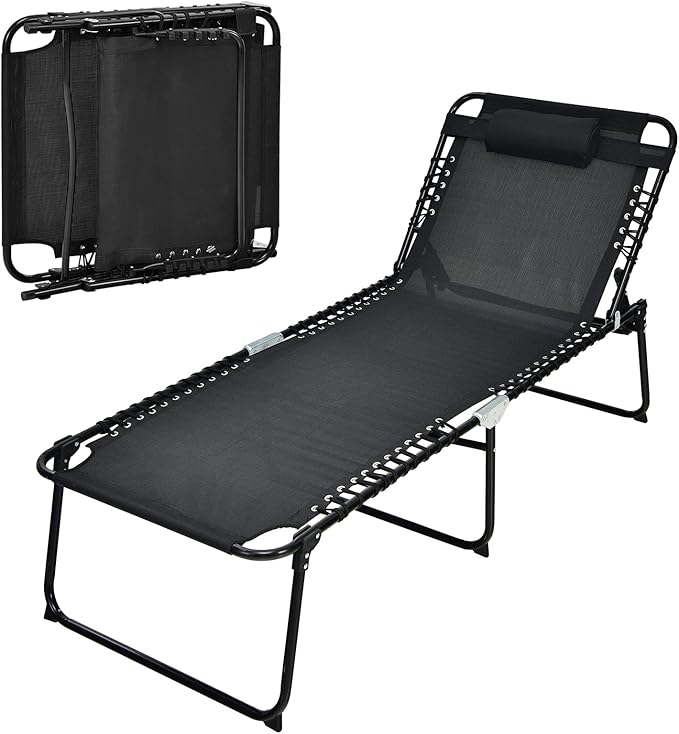 Goplus Chaise Lounge Chair Outdoor, Extra Large Folding 5-Postion Beach Lounge Chair with Detachable Pillow, Side Pocket, Sunbathing Lounge Chair, Adjustable Tanning Chair for Patio Lawn Pool Yard