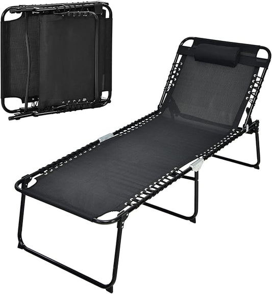 Goplus Chaise Lounge Chair Outdoor, Extra Large Folding 5-Postion Beach Lounge Chair with Detachable Pillow, Side Pocket, Sunbathing Lounge Chair, Adjustable Tanning Chair for Patio Lawn Pool Yard