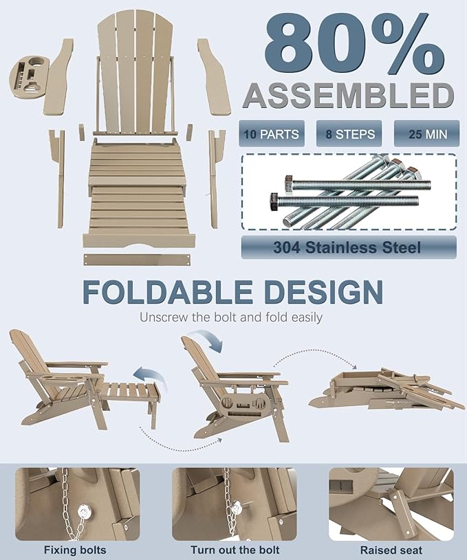 Adjustable Adirondack Chair with Retractable Ottoman Set of 6, HDPE Folding Adirondack Chair with Cup Holder, All Weather Fire Pit Chair for Outdoor.