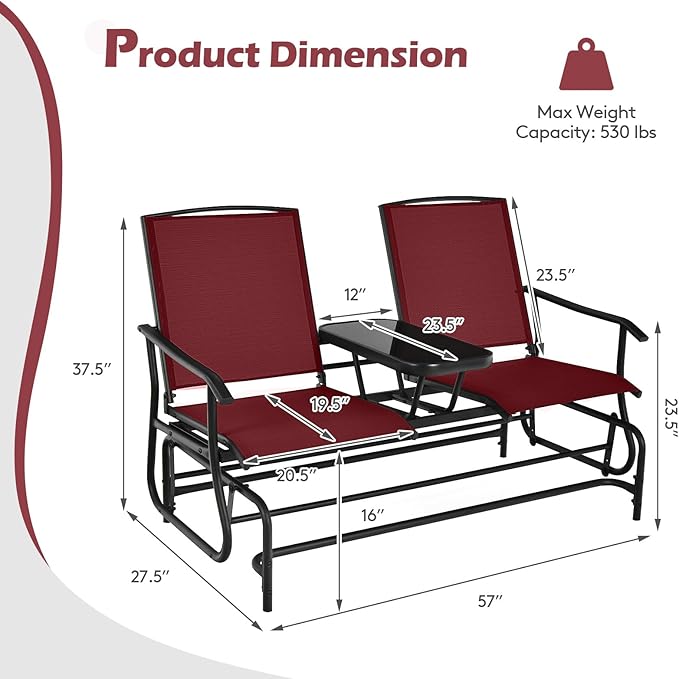 Tangkula 2 Person Swing Glider Chair, Patio Rocking Loveseat w/Center Tempered Glass Table - Photo 3