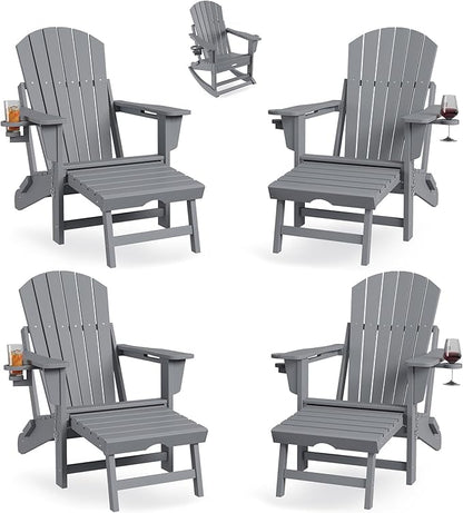 PeakPursuit Adirondack Outdoor Rocking Chairs with Two Cup Holders, HDPE All Weather Outdoor Adirondacks Rocking Chair with Retractable Ottoman