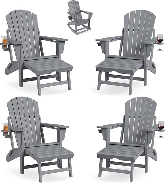 Rocking Adirondack Chairs Set of 4, Folding Adirondack Rocking Chair With Footrest, Adirondack RockingChair Outdoor With Retractable Ottoman and Cup Holder