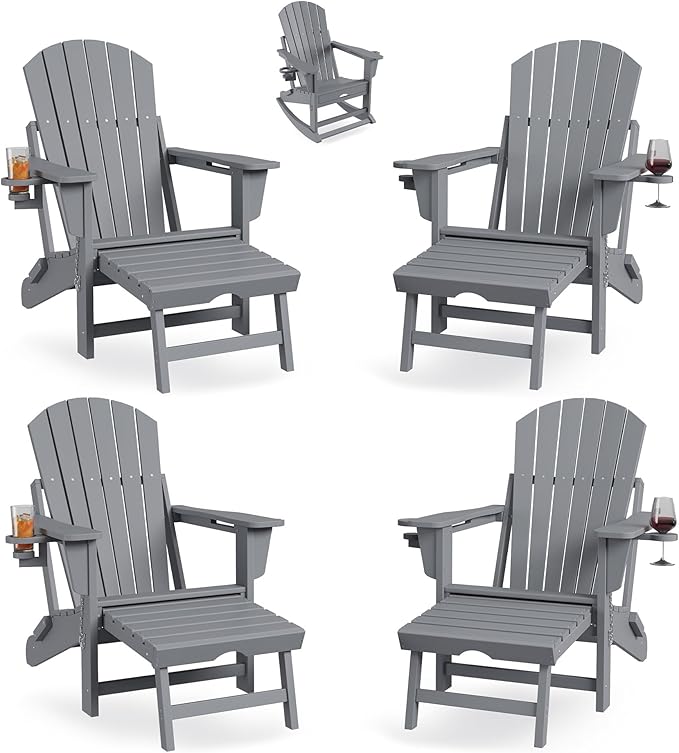 GarveeLife Adirondack Outdoor Rocking Chairs for Porch, Folding Adirondack Rocker Chair With Two Cup Holders, HDPE All Weather Outdoor Adirondacks Rocking Chair