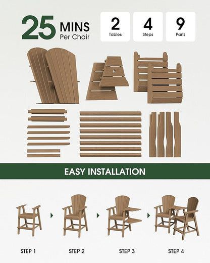 Tall Adirondack Chairs Set of 2, HDPE High Adirondack Chairs with Double Removable Trays, All Weather Outdoor Barstools for Patio, Balcony, Backyard, Deck and Garden, Teak